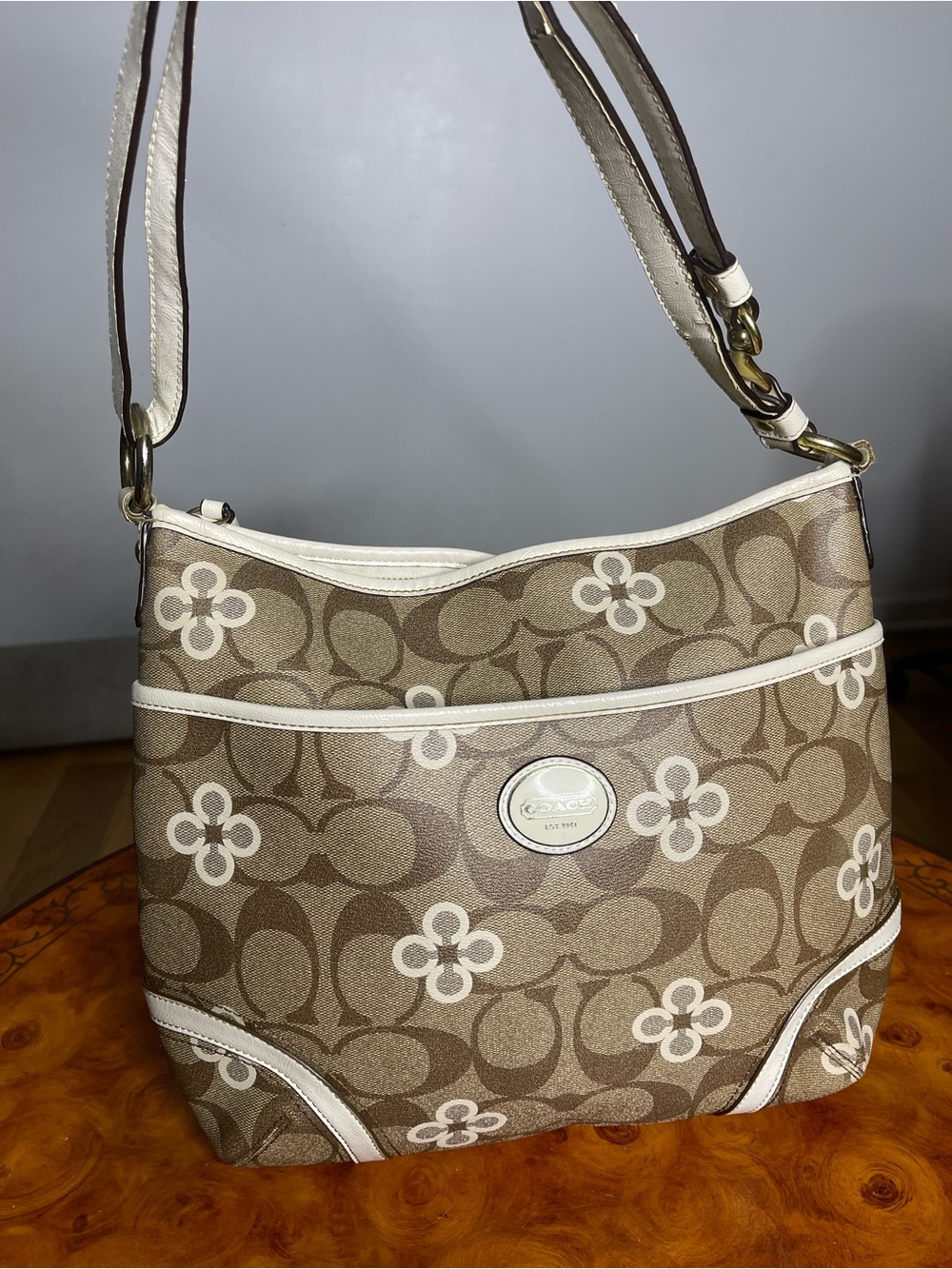 Coach Brown Signature Canvas Shoulder Bag with Cream Trim